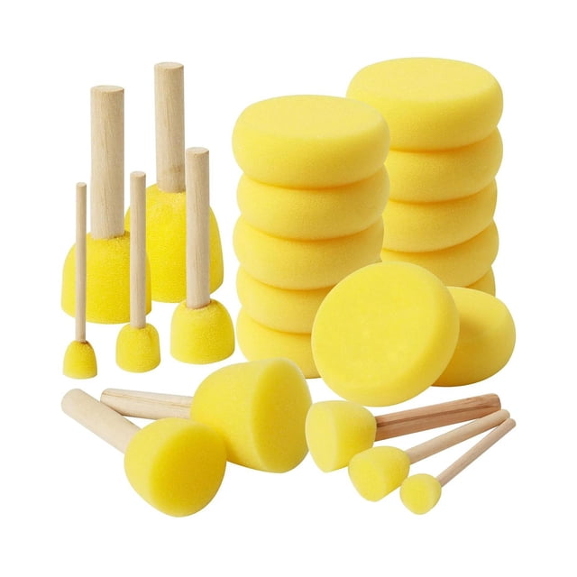 22x pincel de esponja para pintar, paquete con 22 sellos de esponja amarillos con mangos de madera. Vista frontal que muestra pilas de discos y varios cepillos con esponja circular en diámetros de 1.5, 2, 3, 4, 5 y 7 cm; espuma visible y asas de madera, ideal para manualidades infantiles y suministros de arte ligeros, también adecuado para técnicas de esponjado en proyectos creativos.