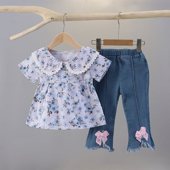 NAISIBABY Girls Outfit Sets 3-4 T, Floral Short Sleeve Tops Flare Jeans Summer 2-Piece Blue(2-6T)