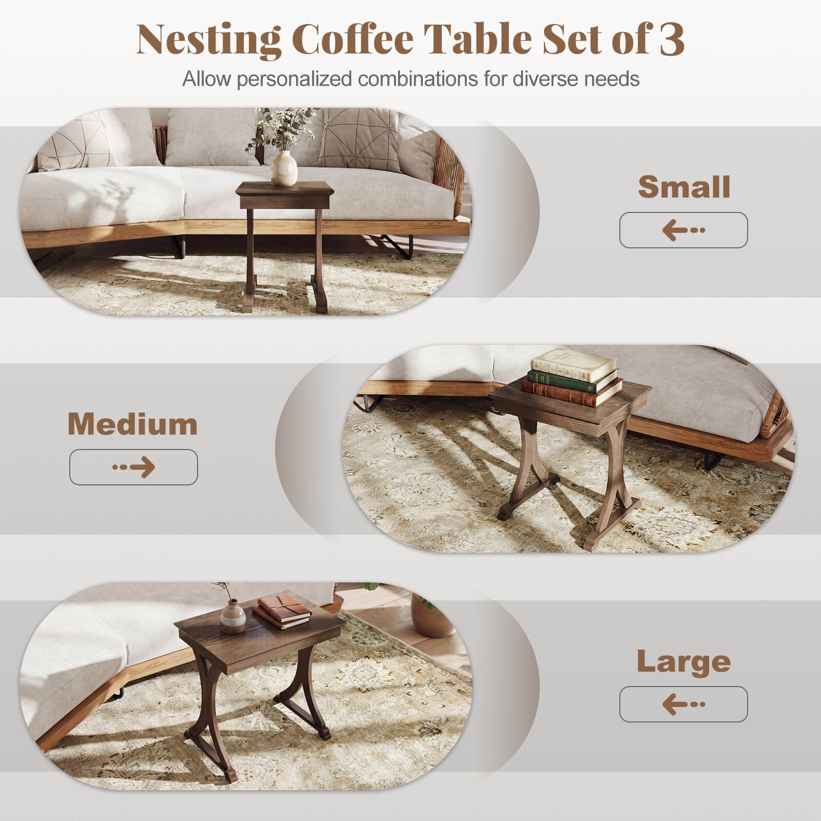 Costway 3PCS Nesting Coffee Table, Side Table with Solid Rubber Wood Legs for Living Room