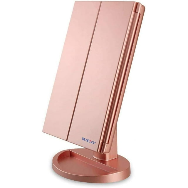 Lighted Makeup Mirror Trifold Vanity Mirror with X/X/X Magnification Natural LED Nights and Touch Screen Batteries and USB Power Supply Adjustable Tabletop Cosmetic Mirror (