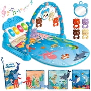 Caunedy 2 in 1 Baby Gym Playmat with Music,5 Sensory Montessori Toys & Tummy Time Mirror,Newborn Gift for Infants 0-12 Months