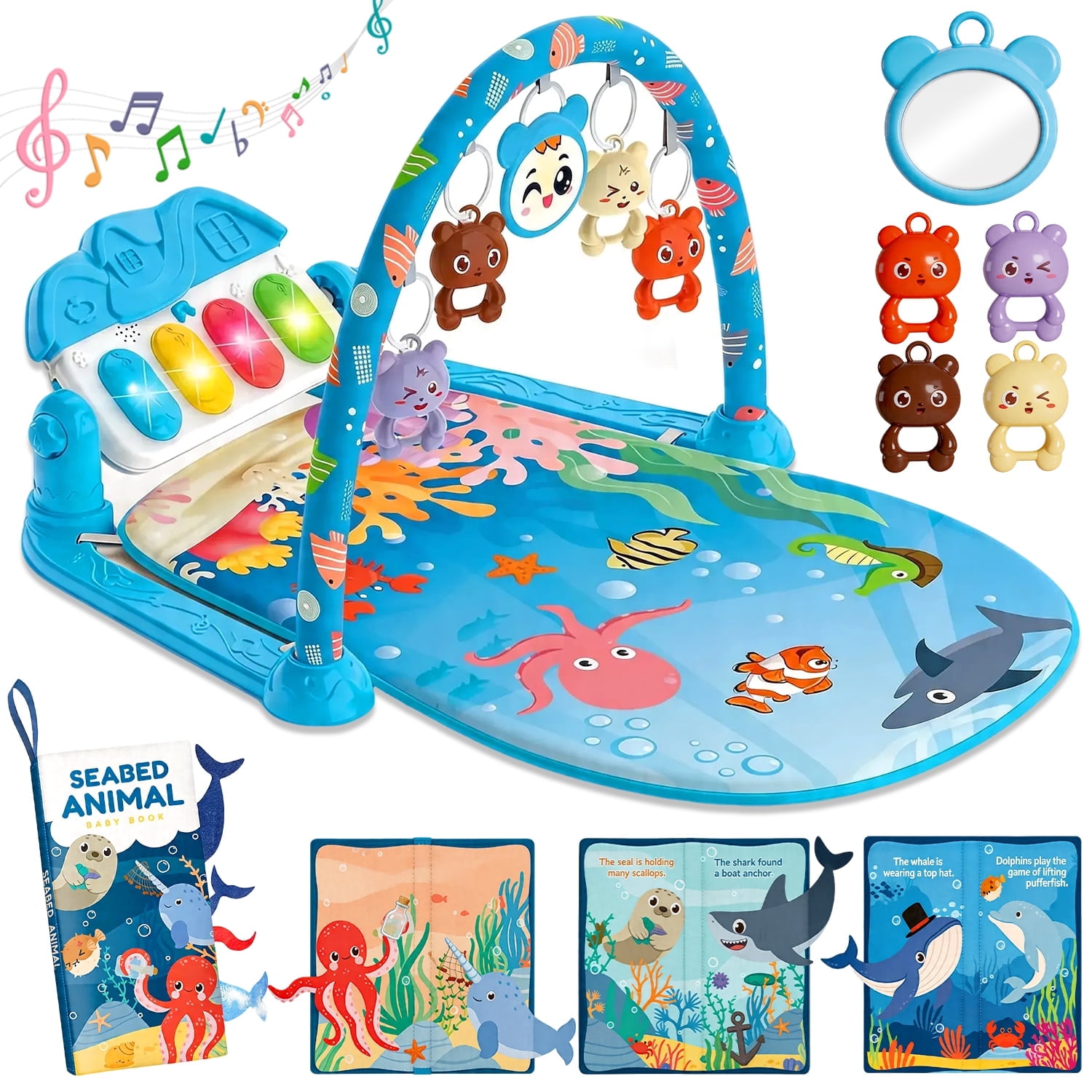 Caunedy 2 in 1 Baby Gym Playmat with Music,5 Sensory Montessori Toys & Tummy Time Mirror,Newborn Gift for Infants 0-12 Months
