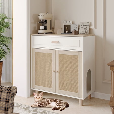 Faceket Cat Litter Box Enclosure Furniture 31.6 x 15.5 x 34.5 H Hidden Indoor 2-in-1 Wooden Cabinet with Scratching Board Doors and Drawer White