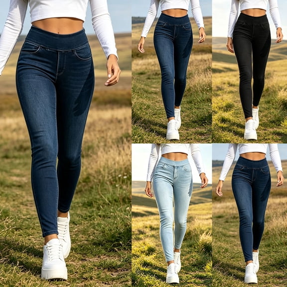 CaComMARK PI Women's High Waisted Jeans Stretchy Skinny Jeans High Elastic Waisted Slim Fit Denim Pants Navy