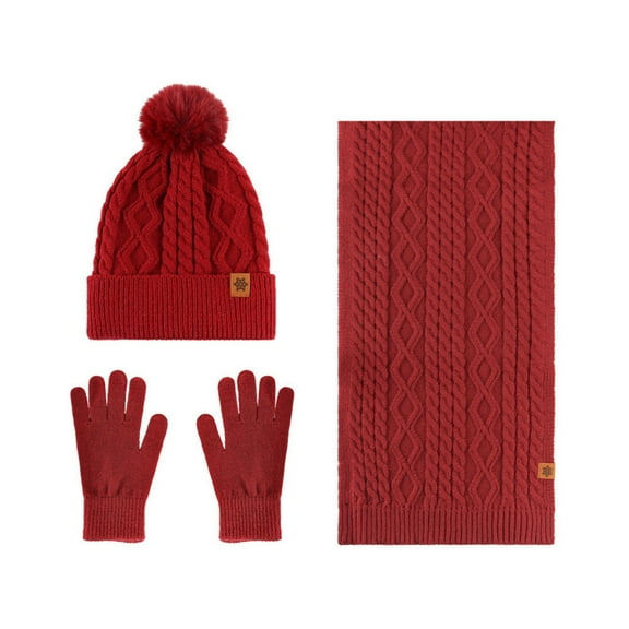 SERTG Women's Hat Set Winter Double-Layer Velvet Thickened Warm Woolen Hat Scarf Glove Three Piece Set(Red,Free Size)