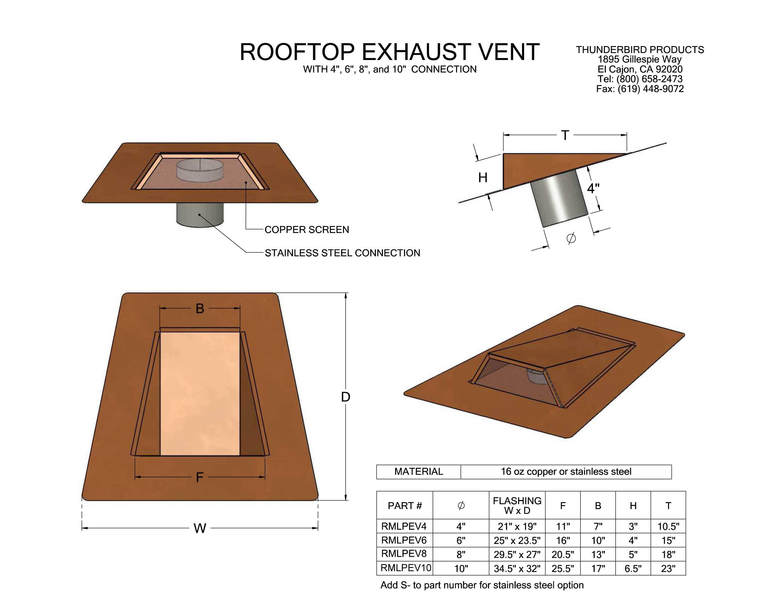 Copper Low Profile Roof Exhaust Vent Duct Size: 10"