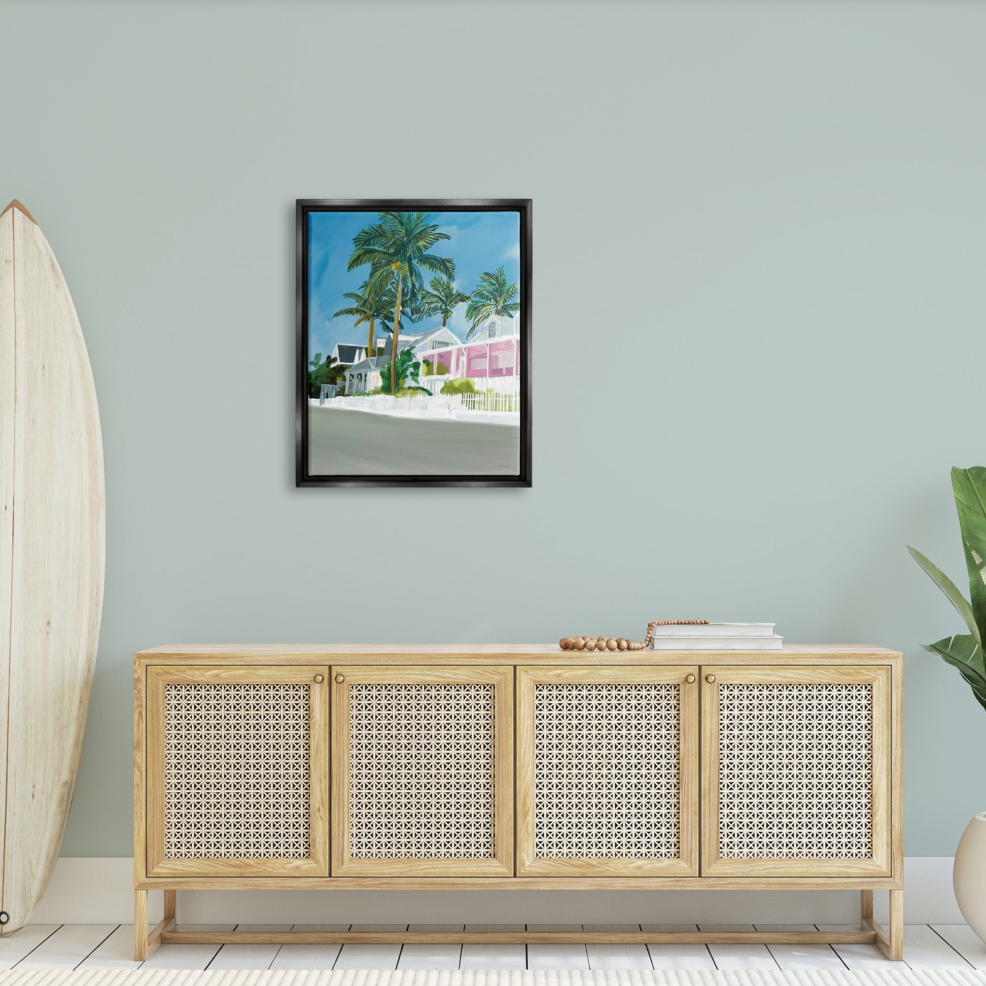 Stupell Industries Tropical Palm Trees Summer Vacation Resort Houses Graphic Art Jet Black Floating Framed Canvas Print Wall Art, Design by Amelia Noyes
