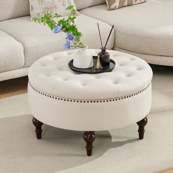 BRILHAMEZ 31.5" Round Oversized Storage Ottoman, Linen Cocktail Coffee Table with Reversible Flip-Top Lid for Living Room, Beige