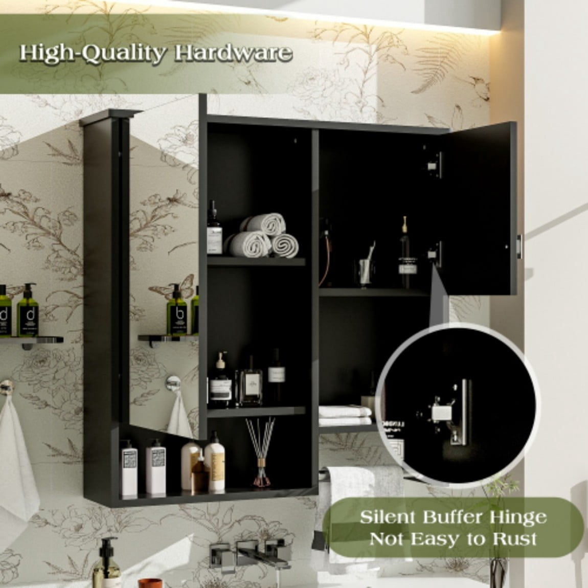 29"x 28" Modern Wall Mounted Bathroom Medicine Cabinet with Mirror, Over The Toilet Storage Cabinet, Adjustable Shelf Bathroom Wall Cabinet with Towel Bar, Black