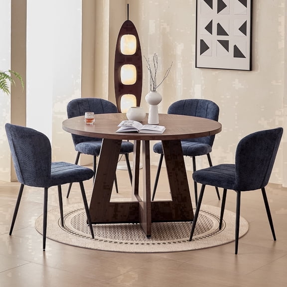 5 Piece 47" Round Dining Room Table Set for 4, [Fanned Base] [1.38" Thick Top] Wood Kitchen Table with 4 Blue Chenille Dining Chairs