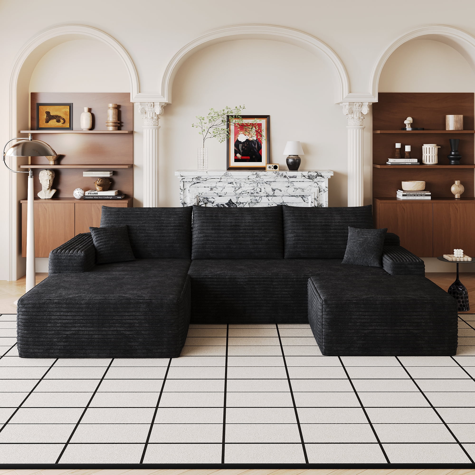 Cloud Sectional Sofa 107 Inch, U-Shaped Modular Couch with Ottoman and Corduroy Fabric, Deep Seat Corner Sofa for Living Room, No Assembly Required, Black