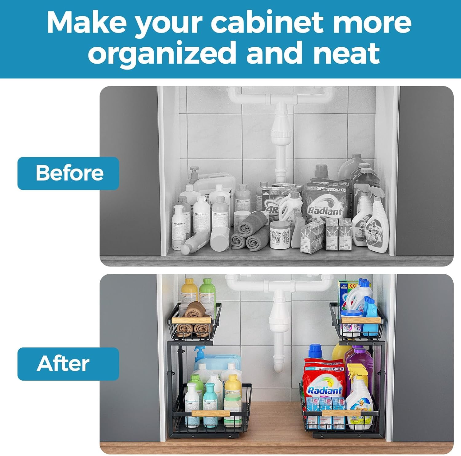 Under Sink Organizer 2 Pack, 2 Tier Pull Out Under Sink Organizers and Storage, Under Cabinet Organizer Shelf Drawers, Large Metal Adjustable Slide Out Under the Sink Organizer for Kitchen Bathroom.