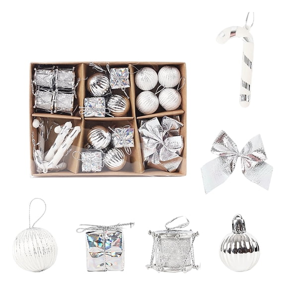 Christmas Tree Ornaments Set 24 Pcs Silver White Mini Hanging Baubles and Decor Pieces for Home Holiday Party Decor 24 Count Silver