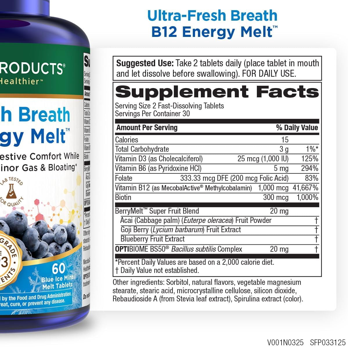 Ultra Fresh Breath B12 Energy Melts – Mint Flavor, Methylcobalamin 1000 mcg + Probiotics, Zinc, D3 & Biotin, 60‑Count