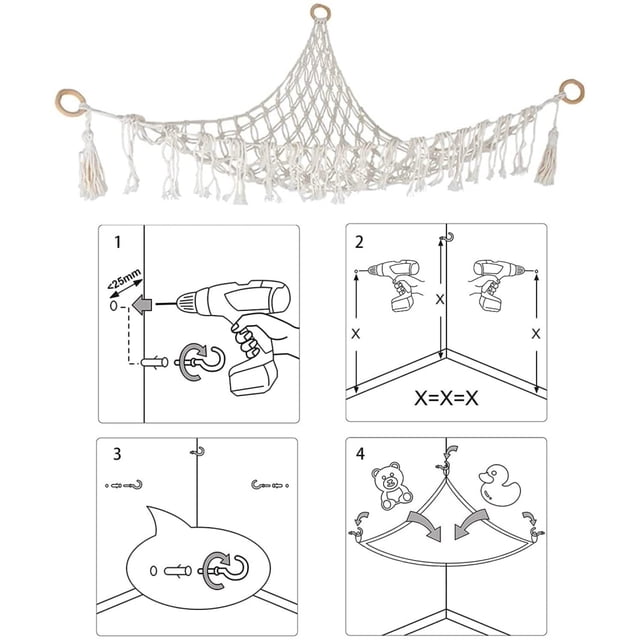 Stuffed Animal Hammock Toy Storage Hammock Net Wall Sling Mesh Kids Toy Organizer Net made of durable cotton and linen with a stretchy elastic border. The hammock is shown in a triangular shape with tassels and metal rings for wall mounting. Includes step-by-step installation illustrations, demonstrating how to drill, attach hooks, and secure the net in a corner. Suitable for organizing stuffed animals, plush toys, and other children's items in bedrooms or playrooms. Dimensions are approximately 100x100x120 cm.