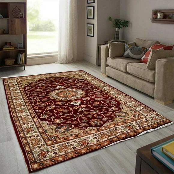 Ahmedani Linen Tapis Noué à la Main en Laine et Soie, Médaillon Floral Exotique Rouge (8 x 5)'