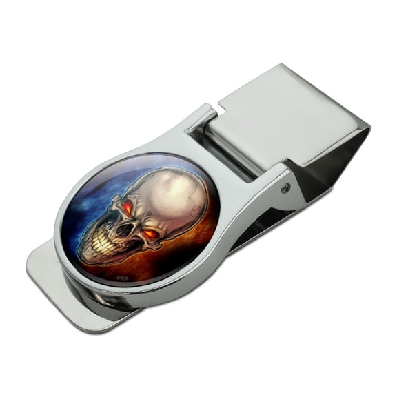 Skull Blue Red Flaming Glowing Eyes Satin Chrome Plated Metal Money Clip