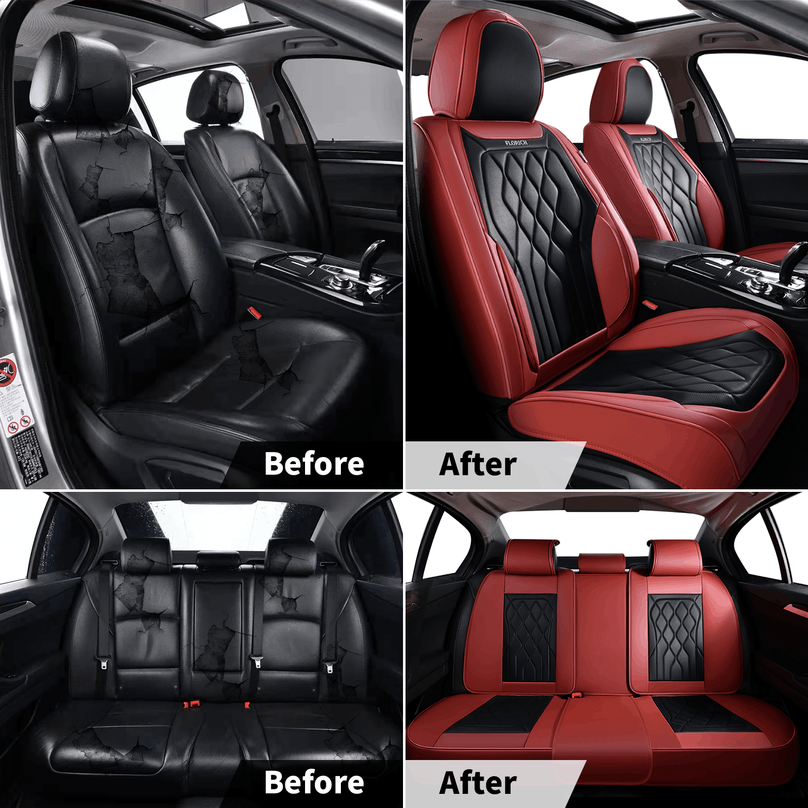 FLORICH Car Seat Covers Full Set, Waterproof Faux Leather Seat Protectors, Automotive Interior Cushions Universal Fit for Most Cars Suv Trucks, Black & Red