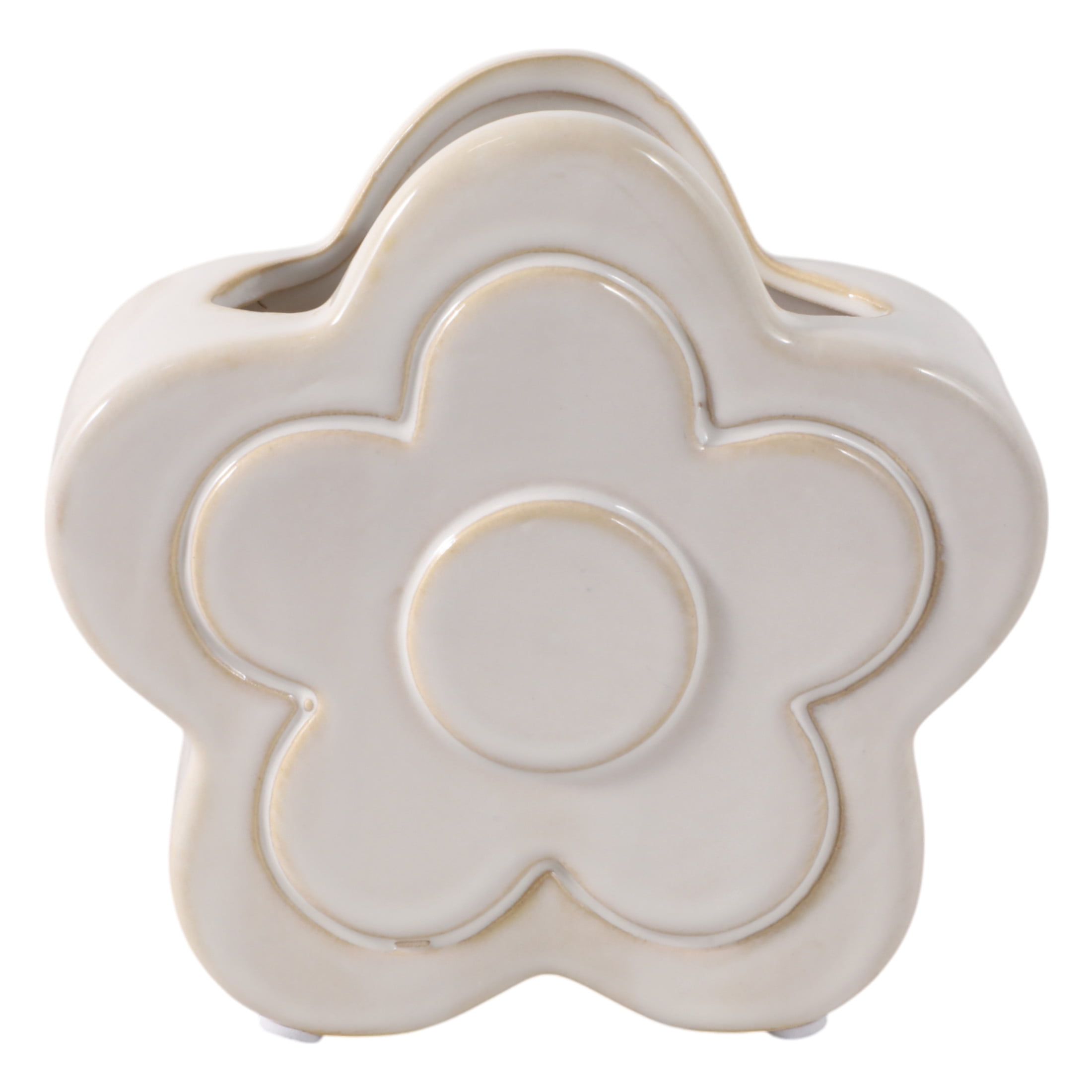 Decorative Ceramic Flower Shape Desktop Organizer for Home Decor - Small Desk Organizer for Office, Workspaces, or Storage - Stylish Office Accessory Decor for Bedroom or Bathroom - 6", Ivory & White