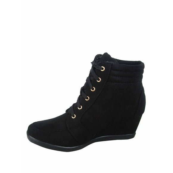 Peggy-53 Women's High Top Fashion Round Toe Lace Up Wedge Sneaker Shoes ( Black, 10 )
