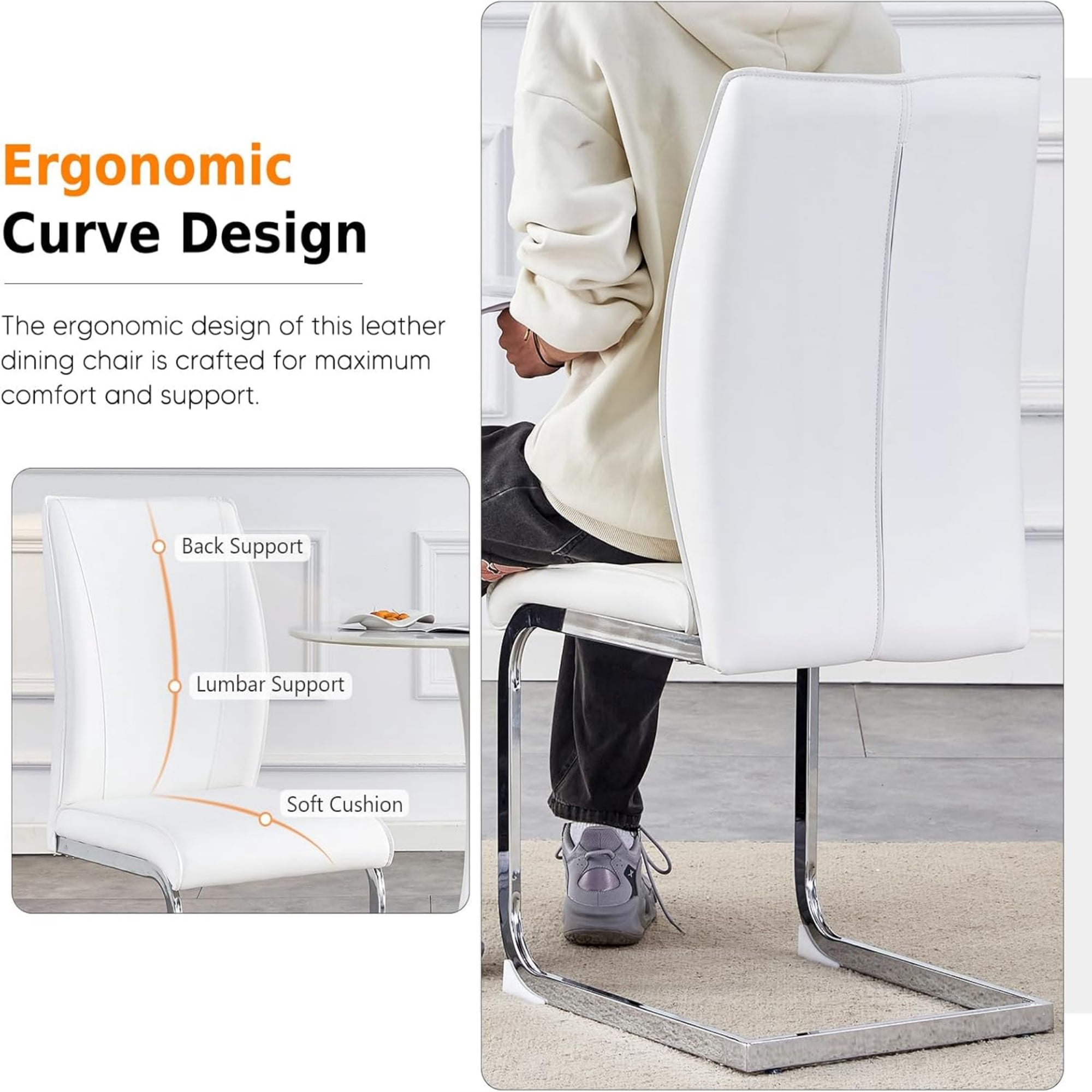 SUDICA Dining Chairs Set of 2 White PU Leather Upholstered Side Chairs with Chrome Metal Legs for Kitchen Dining Room