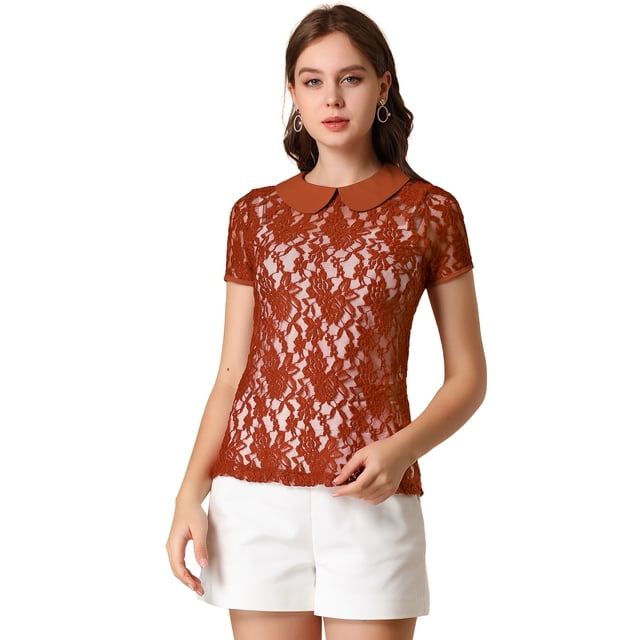 INSPIRE CHIC Women's See Through Contrast Color Collar Lace Top Blouse