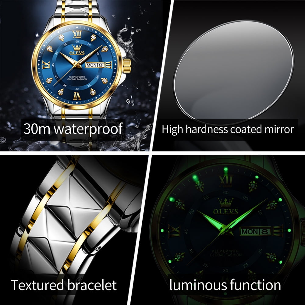 OLEVS Watches for Men Business Dress Diamond Analog Quartz Date Luxury Classic Casual Stainless Steel Waterproof Luminous Mens Wrist Watches Gifts Reloj para Hombre Blue/Gold/Black Dial