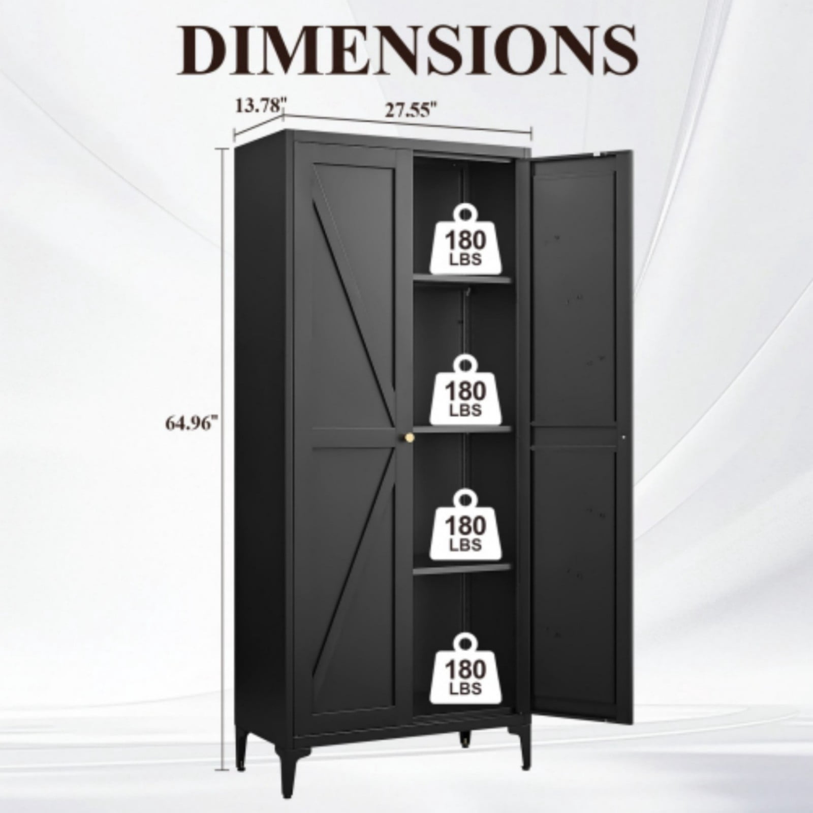 65" H Metal Storage Cabinet, 2-Door Steel Pantry Cabinet with Adjustable Shelves, Freestanding Kitchen Storage Cabinet for Living Room, Bedroom, Office, Black