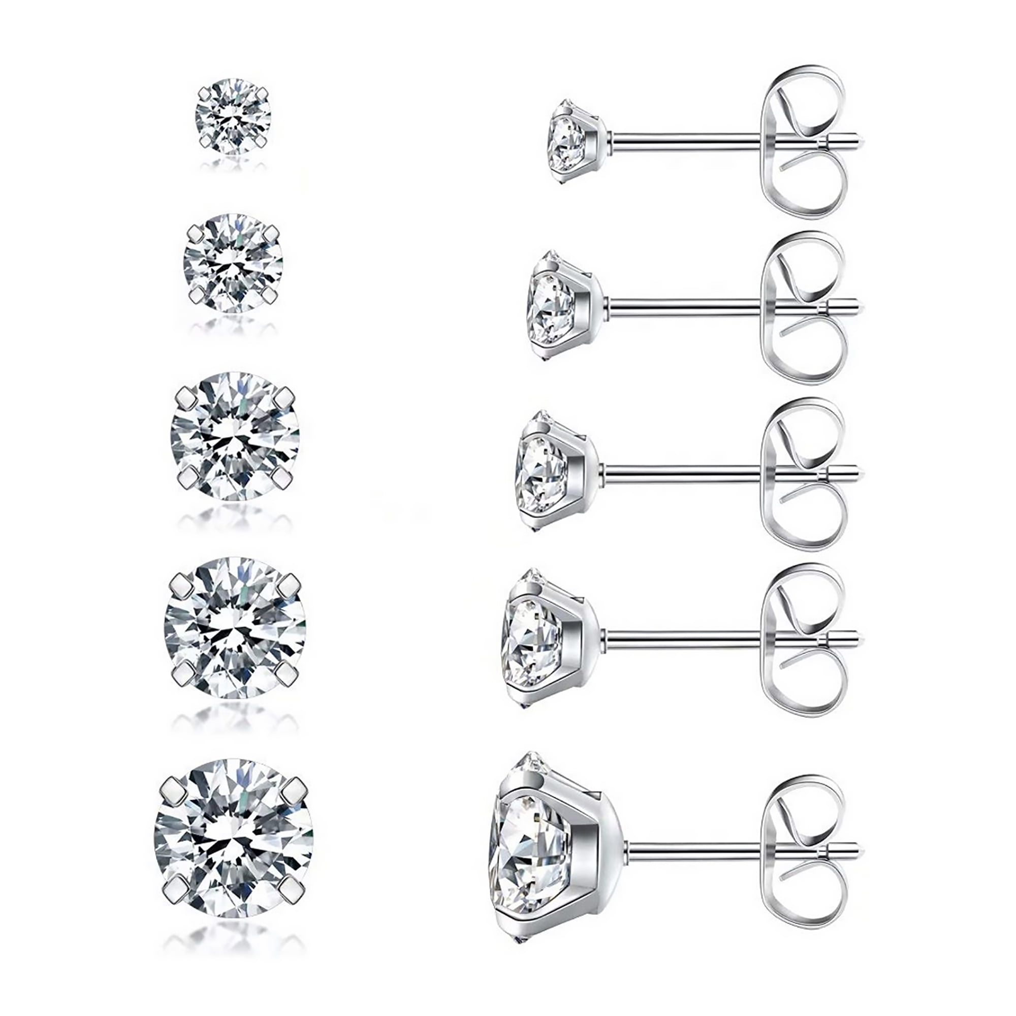 Gold Silver Me Plus Stainless Steel Round Cut Cubic Zirconia Stud Earrings With Clear Case 3mm~12mm 
