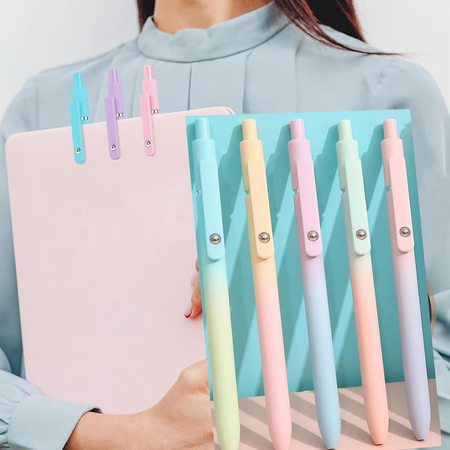 5 Piece Gradient Gel Pen Set, 5PCS Rainbow Minimalist Press Type Quick Drying Carbon Gel Pens Set, Press-On Multi-colored Gels Pens 2PCS