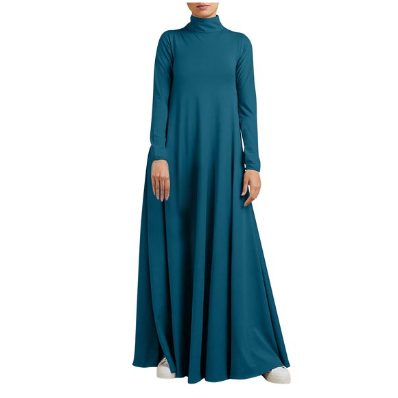 Robe Maxi pour Femme Grande Taille Basique Soldes Unie Hiver Col Montant Élégante Décontractée Confortable Tendance Vacances Manches Longues Automne Robes Bleu P