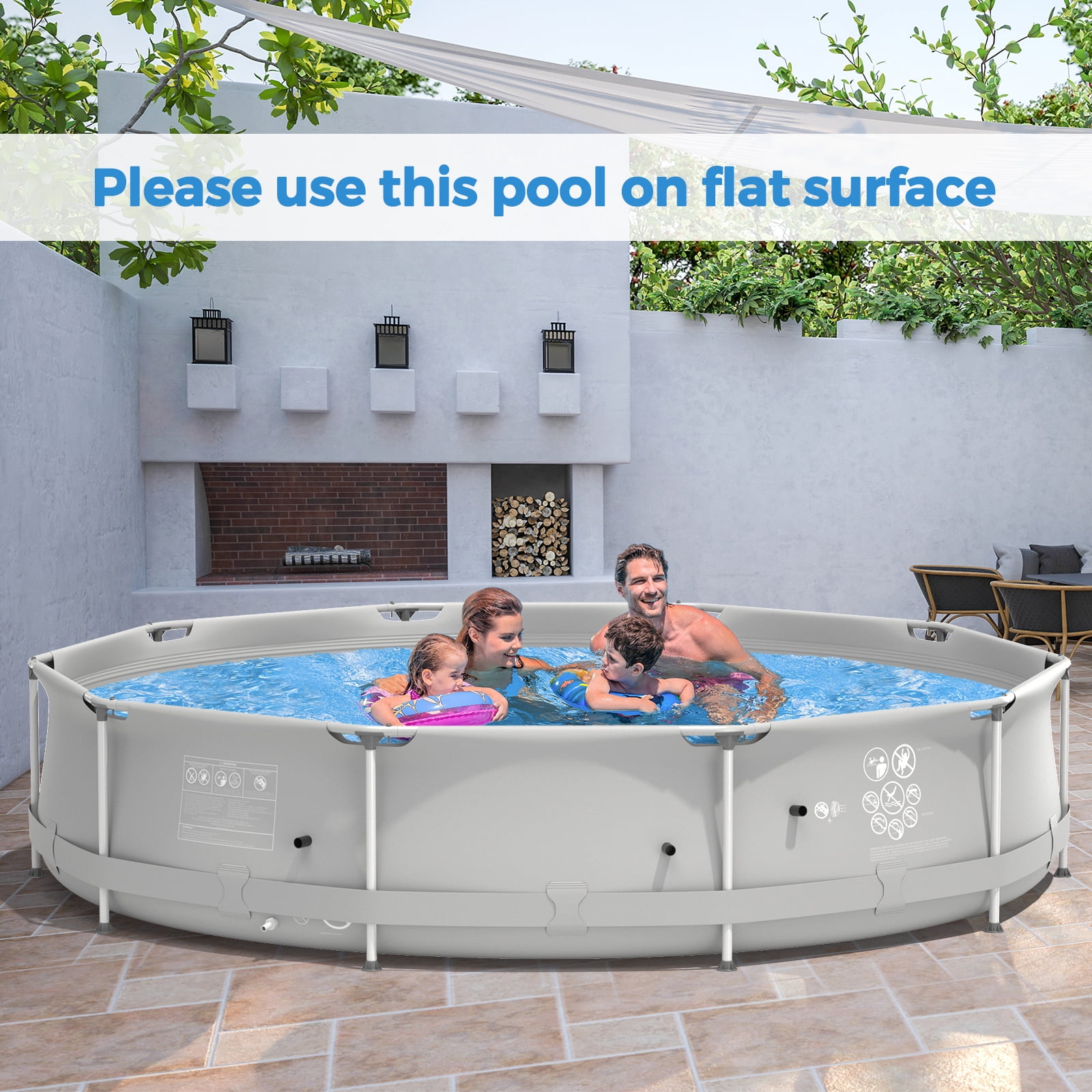Infans Round Above Ground Swimming Pool Patio Frame Pool W/ Pool Cover Iron Frame Grey