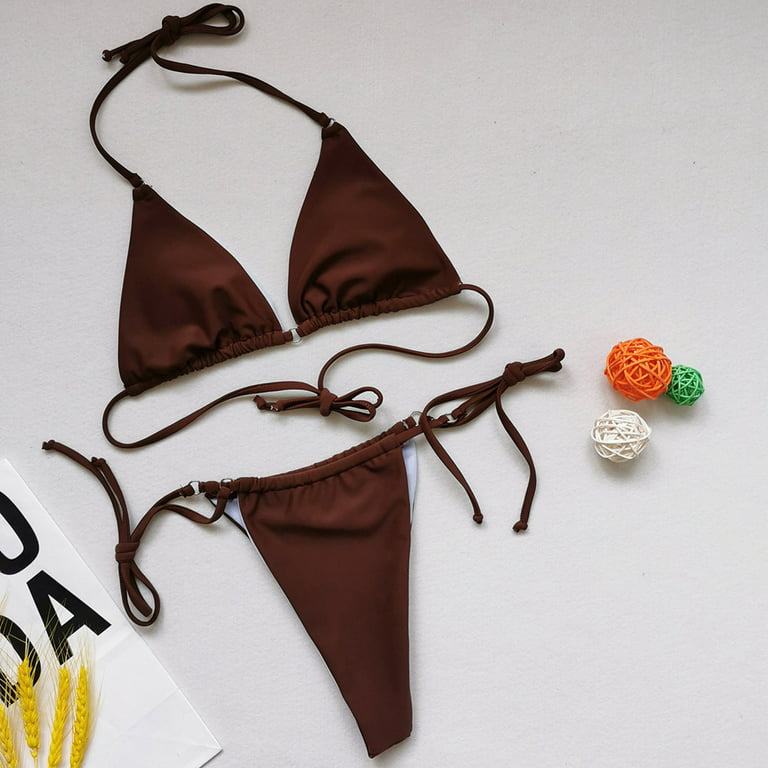 muxika Women Bandeau Bandage Bikini Set Two Piece Swimsuit Tie Side  Triangle Bikini Push-Up Brazilian Swimwear 