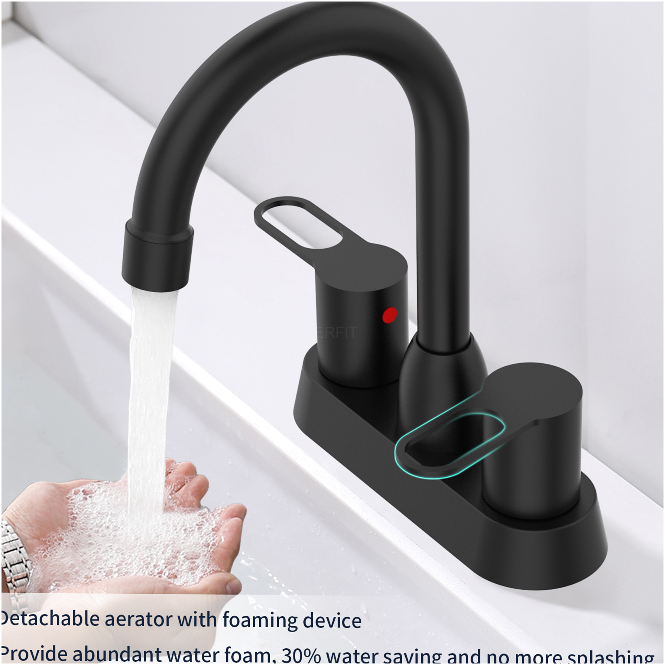 JERFIT Modern Matte Black Bathroom Sink Faucet, 2-Handle Centerset Vanity Faucet for 3-Hole Mount, Solid Brass Construction