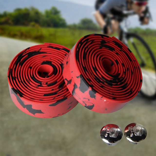 Cinta De Manillar Bicicleta 2 X Cinta de manillar de corcho para deportes de bicicleta de carretera Tapón de 2 barras negro + rojo