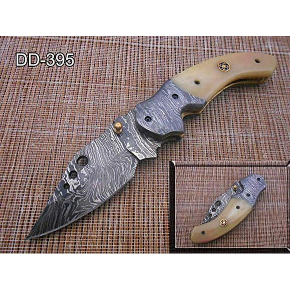 7.5" Folding Knife, 3.5" Hand Forged Twist Pattern Damascus Steel Blade with 3 Holes, White Camel Bone Scale Pocket Knife, Liner Lock & Thumb knob Equipped, Cow Hide Leather Sheath (Camel Bone)