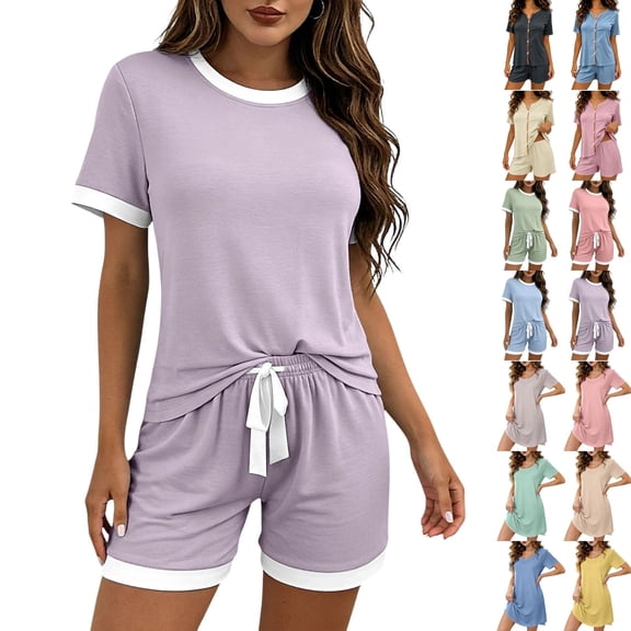 Fengactive Color Block Pajama Set for Women 2 Piece Lounge Set Short Sleeve Tops and Shorts Soft Sleepwear