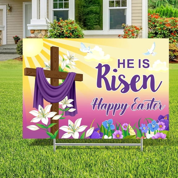 Queekay Easter Yard Sign Outdoor Decoration Happy He Is Risen Yard Sign Easter Lawn Signs Christian Holiday Party Lawn Stake for Garden(Bright Style)