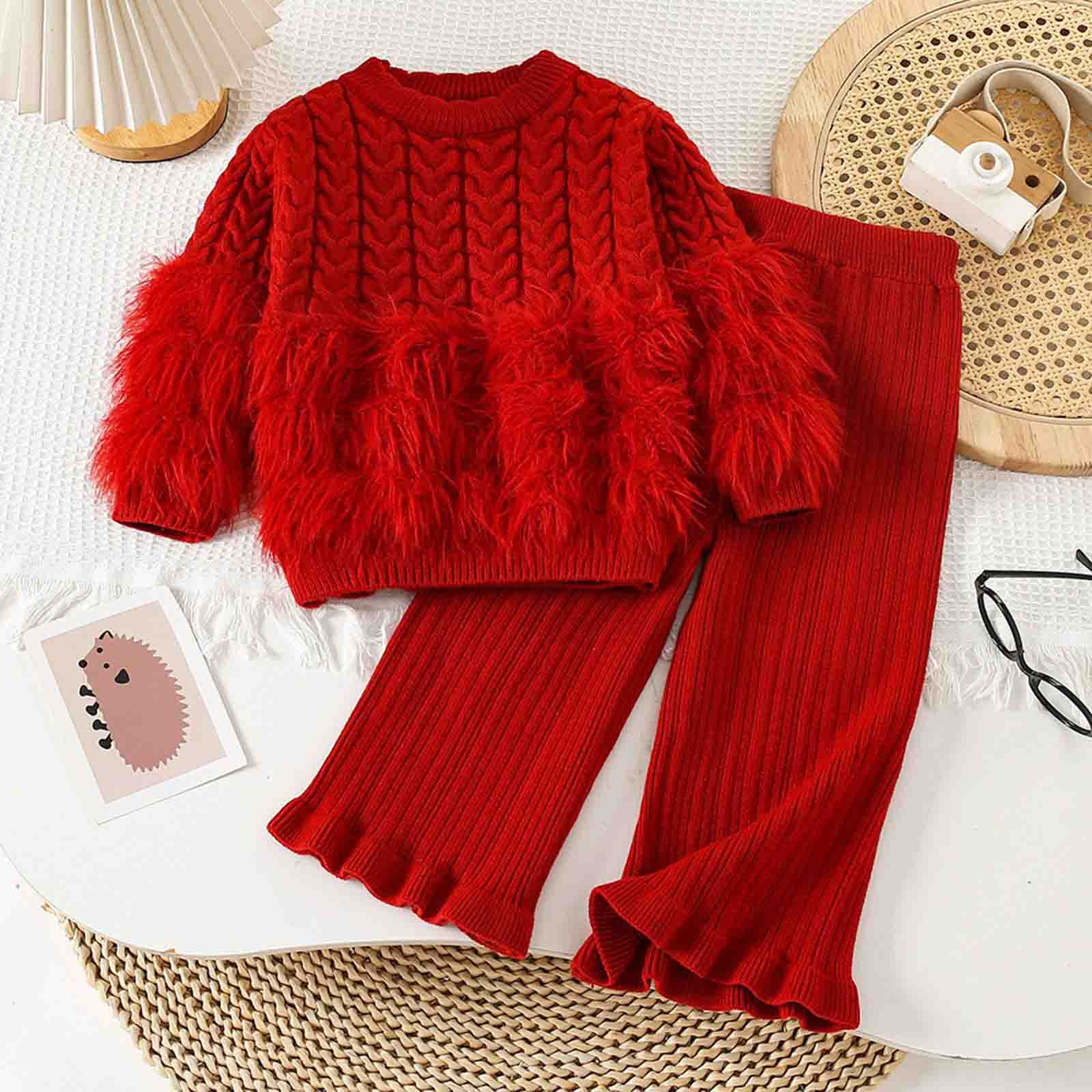 Zanarzt Toddler Girls Clothes Baby Girl Little Girl Top Shirts Pants 2PC Sets for Girls Sweater Flare Wide Leg Pant Cute Outfit Red,4-5 Years
