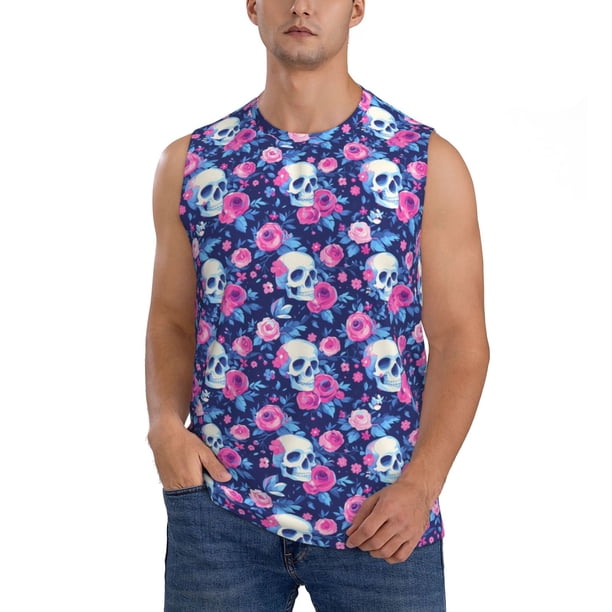 Balery Skull Flower Camisetas sin mangas para hombre, absorbe la humedad y protege contra el mal olor.-Medium