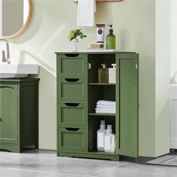 Yaheetech Modern Wooden Bathroom Storage Cabinet with 4 Drawers and Cupboard, Green