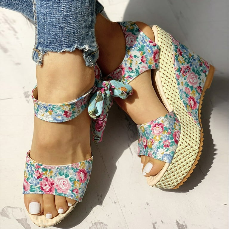 Kiplyki Wholesale Women's Ladies Platform Wedges Heel Sandals Floral Flower  Lace-up Shoes Footwear 