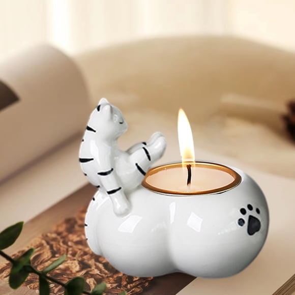hengsof Christmas Kitten Candle Holder, Handmade Ceramic Candlestick,Cartoon Kitty Warming Its Paws Cute Light Holder, Christmas Gift for Cat Lover Choice