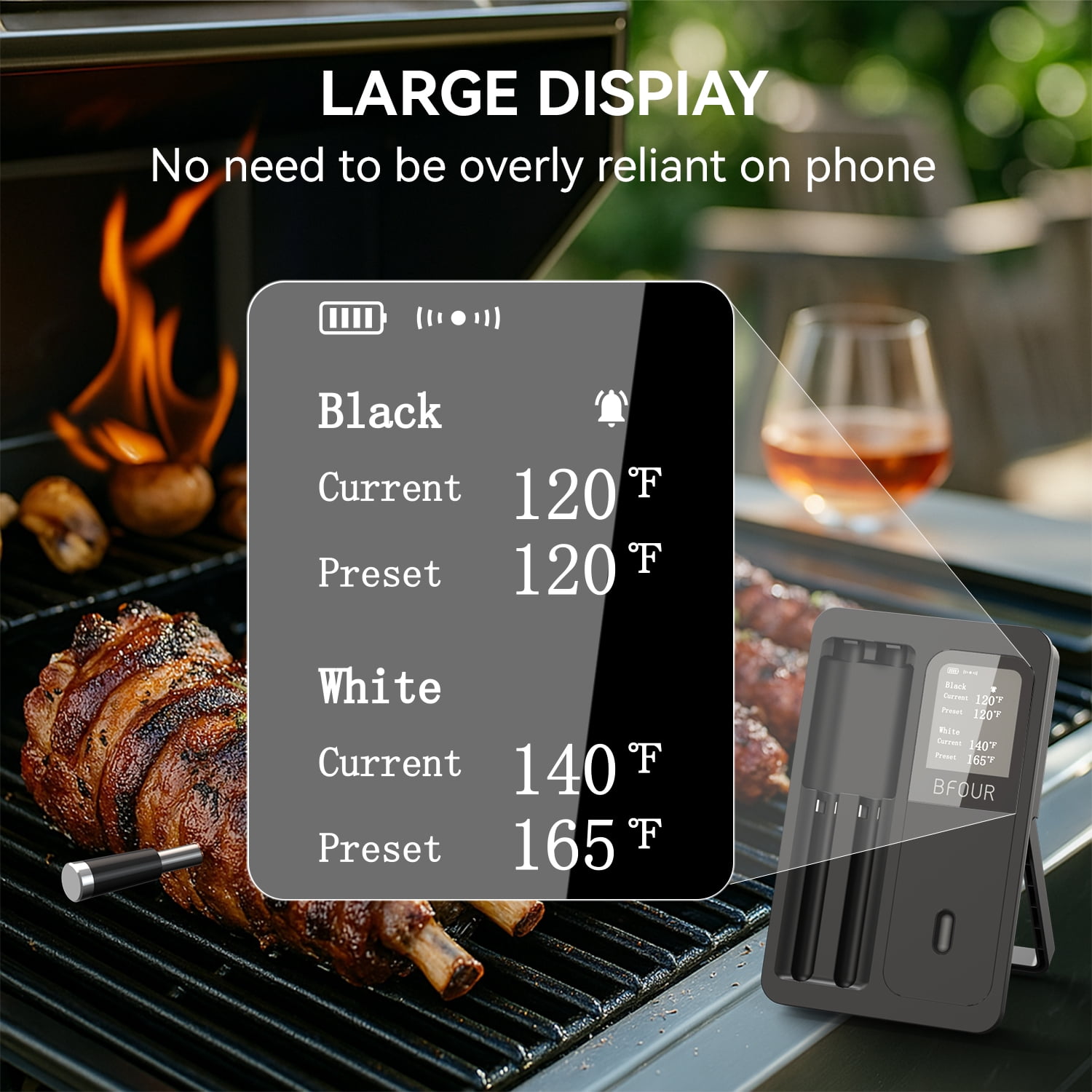 BFOUR Wireless Meat Thermometer with 2 Probes - Bluetooth Smart BBQ Food Thermometer with 500ft Range & App - Rechargeable Digital Cooking Thermometer for Grilling, Smoking, Oven