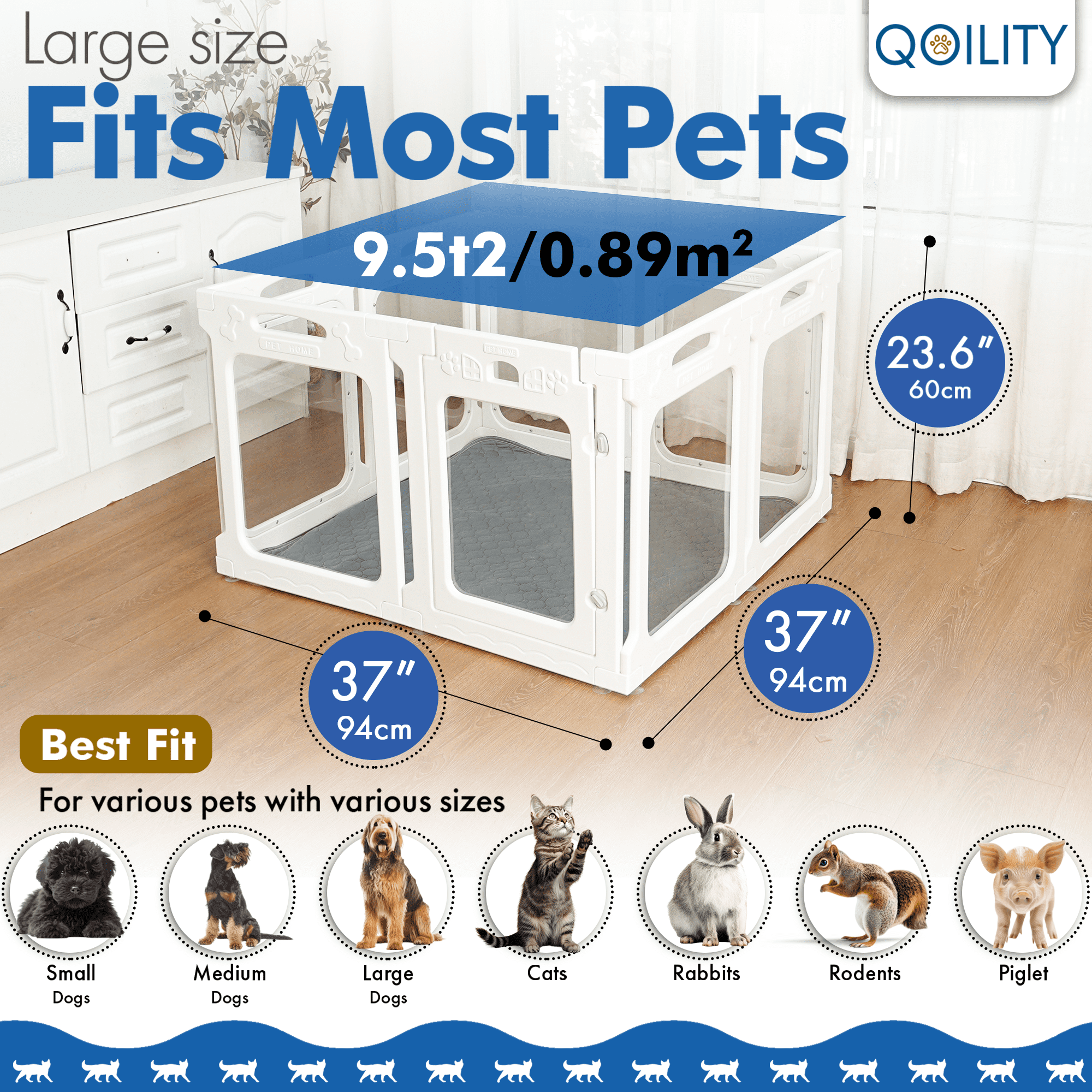 Qoility Clear Dog Playpen with Toilet for Puppies & Small Dogs, Height 24 Inch, 8 Panels, Black