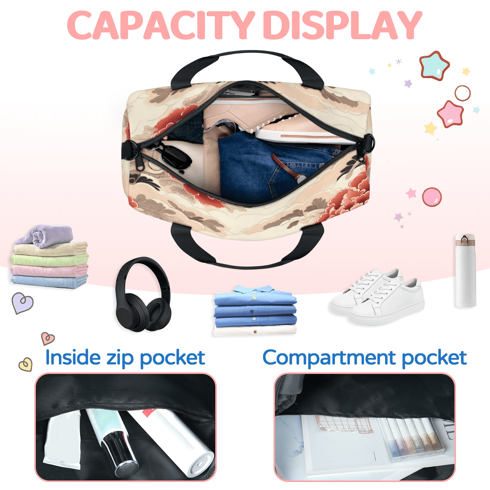 Herdesigns Vintage Flower Japanese Gym Bag for Women, Duffle Bag for Travel Sport, Lightweight Waterproof Carry on Weekender Overnight Dance Yoga Workout Bags