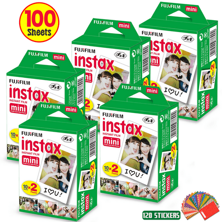FujiFilm Instax Mini Instant Film 5 Pack (5 x 20) Total of 100 Sheets + 120 Assorted Colorful Mini Photo Stickers - Compatible with FujiFilm Instax Mini 9, Mini 8, Mini 25, Mini 90, Fuji SP-1,