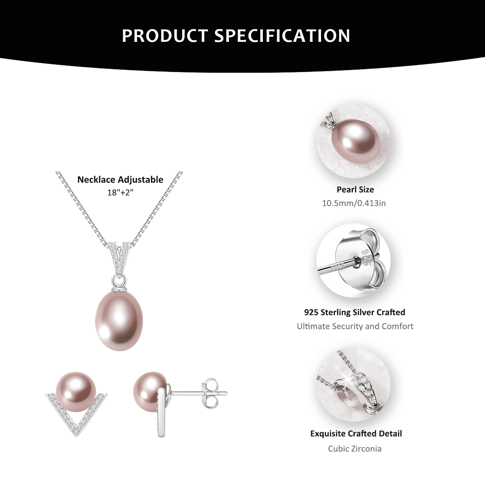 Yami Purple Teardrop Pearl  Necklace and Earrings Set Cultured Pearls in 925 Sterling Silver Jewelry Gift Set for Women