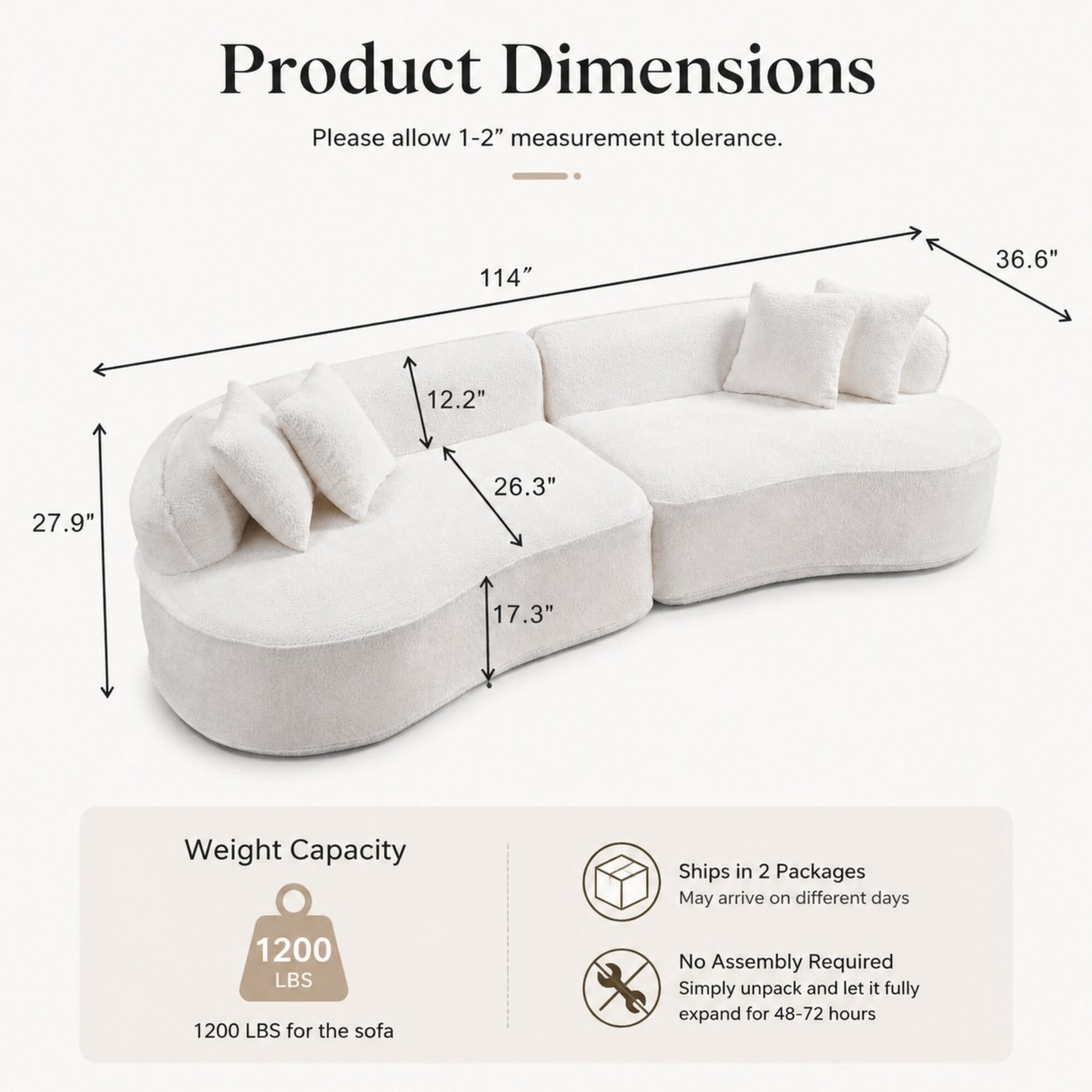 DEALTOPS 114" Modular Boucle Curved Sectional Sofa, 4-Seater Cloud Couch with No Assembly, White