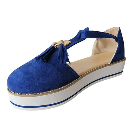 

Women s Tassel Round Toe Flat Pumps Thick Bottom Buckle Strap Casual Beach Shoes